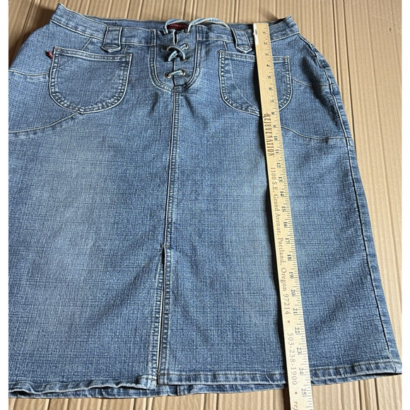 Vtg London Blue Vigoss Jean Skirt Size 1X Blue Denim Lace Up Front Slits Pockets - Picture 10 of 16